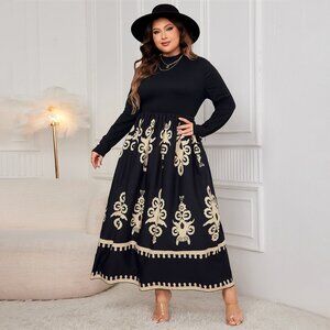 2/$40 Plus Size Black Maxi Midi Dress Long Sleeve Round Neck Boho Print Elegant
